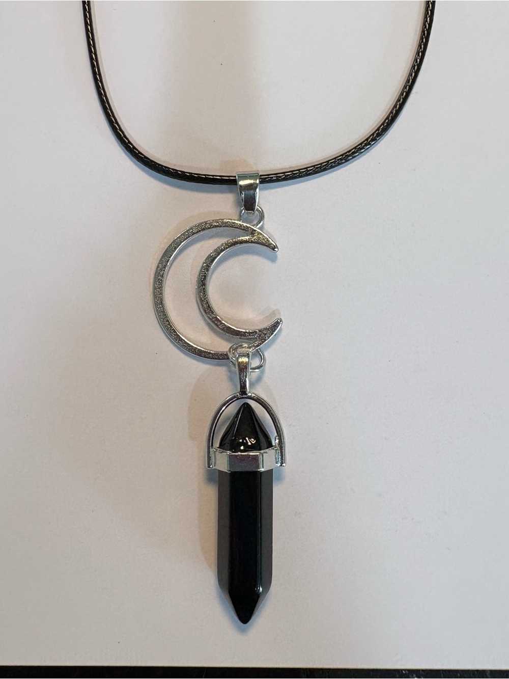 Boho Crescent Moon with Black Hexagonal Crystal Point Pendant Black Necklace